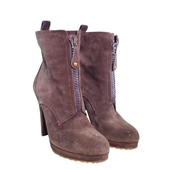 Gucci Brown Suede Heeled Ankle Boots Lined W/ Monoglian Lamb Fur - 36.5 - Picture 1 of 8